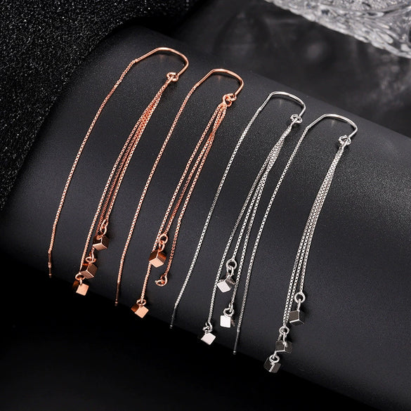 S925 Sterling Silver Geometric Square Tassel Earrings For Women Light Luxury Trendy Face Slimming Drop Earrings