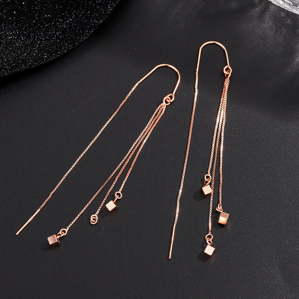 S925 Sterling Silver Geometric Square Tassel Earrings For Women Light Luxury Trendy Face Slimming Drop Earrings