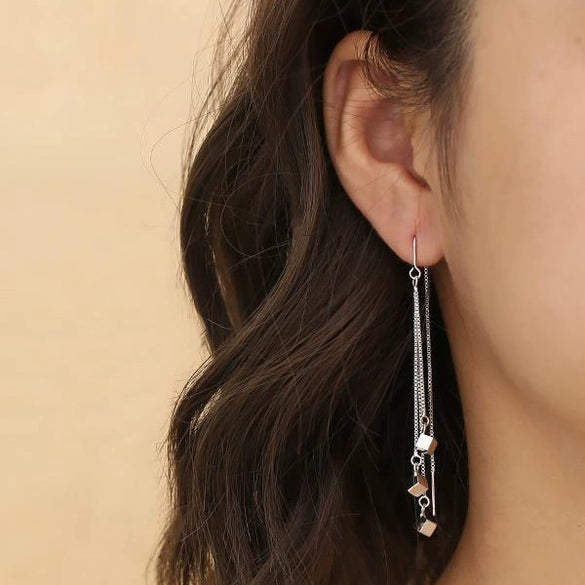 S925 Sterling Silver Geometric Square Tassel Earrings For Women Light Luxury Trendy Face Slimming Drop Earrings