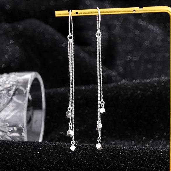 S925 Sterling Silver Geometric Square Tassel Earrings For Women Light Luxury Trendy Face Slimming Drop Earrings