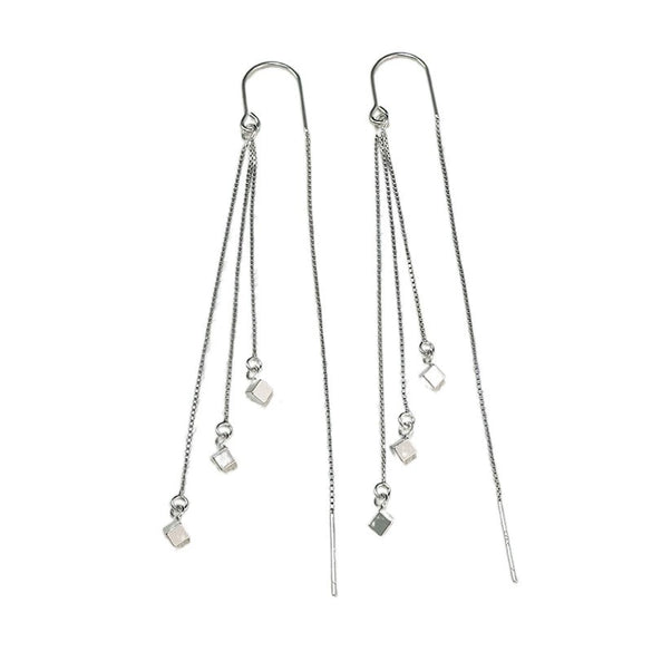 S925 Sterling Silver Geometric Square Tassel Earrings For Women Light Luxury Trendy Face Slimming Drop Earrings