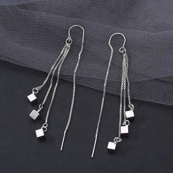 S925 Sterling Silver Geometric Square Tassel Earrings For Women Light Luxury Trendy Face Slimming Drop Earrings