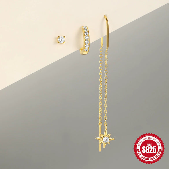 S925 Sterling Silver Geometric Star Earrings With Electroplating Treatment For Women