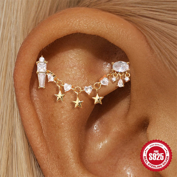 S925 Sterling Silver Geometric Star Love Zircon Amethyst Pendant Earrings With Long Chain And Cartilage Chain Piercing For Women