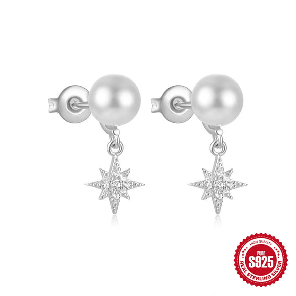 S925 Sterling Silver Geometric Star Moon Pearl Moonstone Diamond Earrings For Women With Electroplating