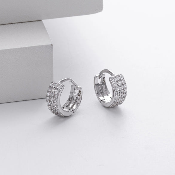 S925 Sterling Silver Geometric Three Row Drill Micro Inlaid Zircon Electroplated Earrings For Women
