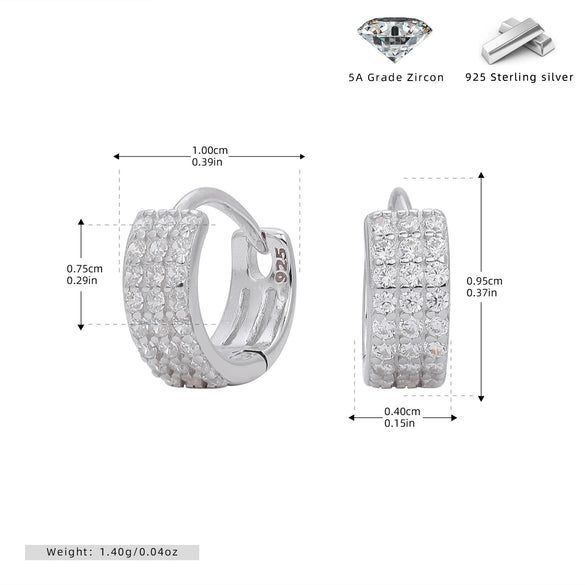 S925 Sterling Silver Geometric Three Row Drill Micro Inlaid Zircon Electroplated Earrings For Women