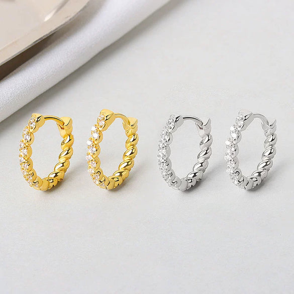 S925 Sterling Silver Geometric Twist Wrap Earrings With Diamond Inlay Modern Minimalist Ear Buckle Style