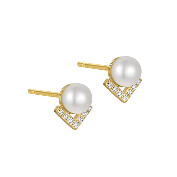 S925 Sterling Silver Geometric Vshaped Herringbone Diamond Pearl Women's Earrings Electroplated
