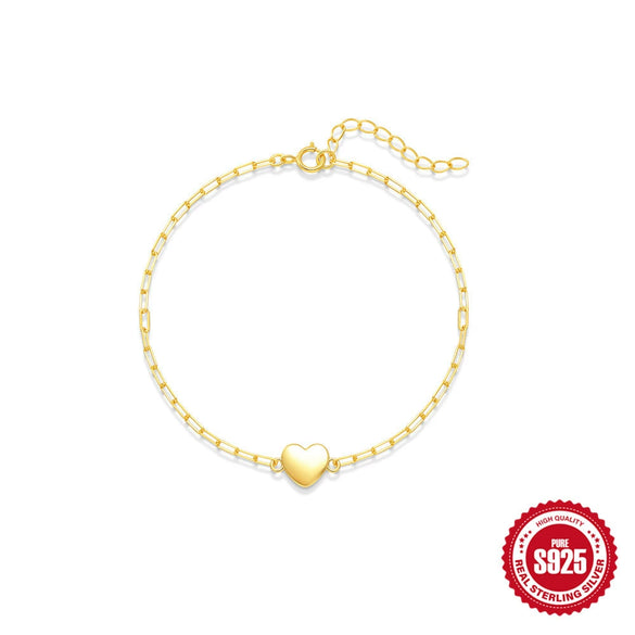 S925 Sterling Silver Glossy Love Paperclip Chain Bracelet With Flower Pattern For Women Electroplated