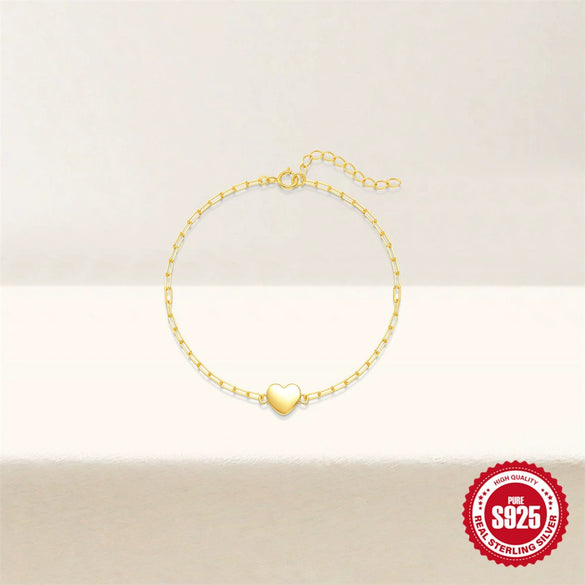 S925 Sterling Silver Glossy Love Paperclip Chain Bracelet With Flower Pattern For Women Electroplated