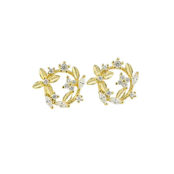 S925 Sterling Silver Gold Hollow Wreath Flower Stud Earrings Delicate Plant Floral Design For Women With Fine Craftsmanship