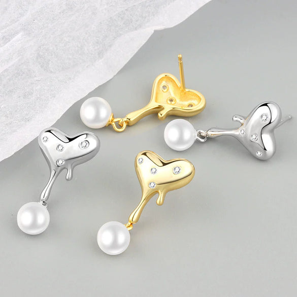 S925 Sterling Silver Heart Pearl Bead Earrings Geometric Electroplated Dangle Earrings For Women