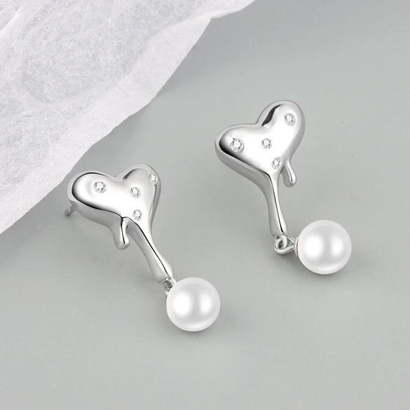 S925 Sterling Silver Heart Pearl Bead Earrings Geometric Electroplated Dangle Earrings For Women