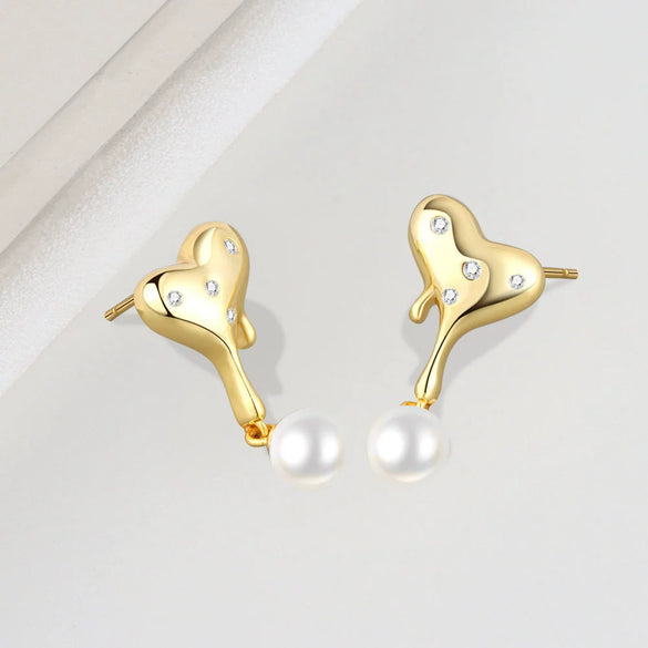 S925 Sterling Silver Heart Pearl Bead Earrings Geometric Electroplated Dangle Earrings For Women