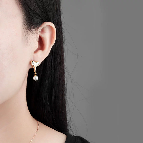 S925 Sterling Silver Heart Pearl Bead Earrings Geometric Electroplated Dangle Earrings For Women