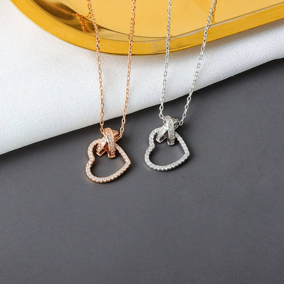 S925 Sterling Silver Heart Pendant Necklace With Buckle Chain Electroplated Full Diamond Style Clavicle Chain Fashion Jewelry For Women