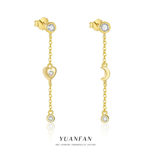 S925 Sterling Silver Heart Shape Love Moon With Zirconia Earrings For Women Light Luxury Style