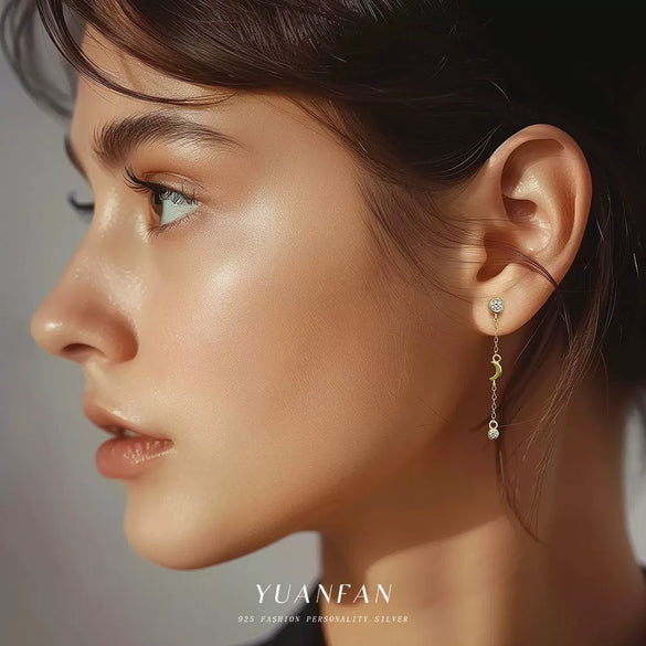 S925 Sterling Silver Heart Shape Love Moon With Zirconia Earrings For Women Light Luxury Style