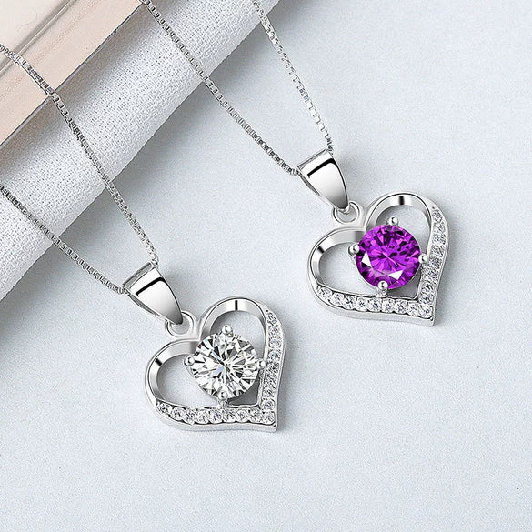 S925 Sterling Silver Heart Shaped Pendant Necklace With Mixed Gem Inlay Electroplated Simple Trendy Clavicle Chain For Women