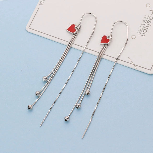 S925 Sterling Silver Heart Tassel Dangle Earrings Long Ear Thread Love Pattern Minimal Fresh Style For Women
