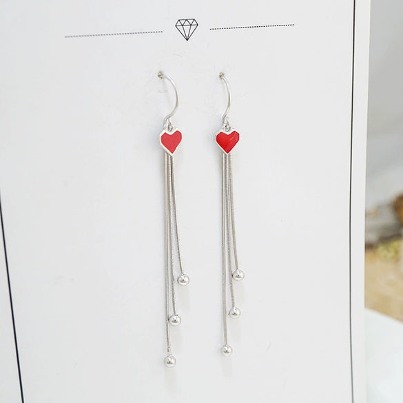 S925 Sterling Silver Heart Tassel Dangle Earrings Long Ear Thread Love Pattern Minimal Fresh Style For Women
