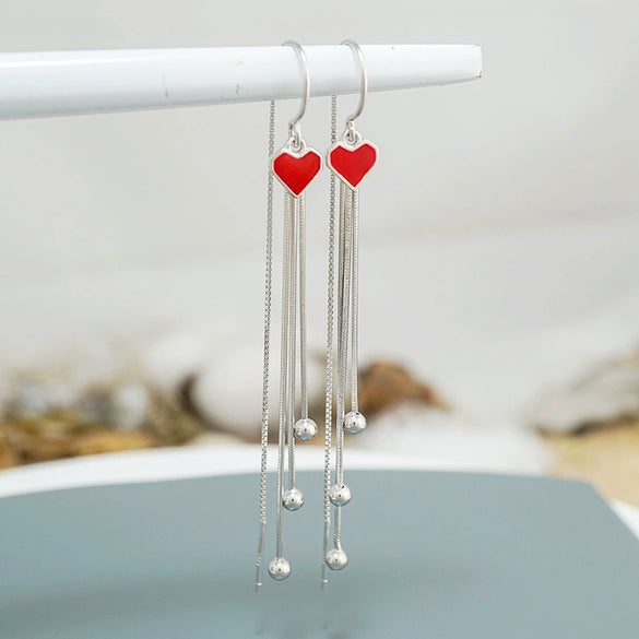 S925 Sterling Silver Heart Tassel Dangle Earrings Long Ear Thread Love Pattern Minimal Fresh Style For Women
