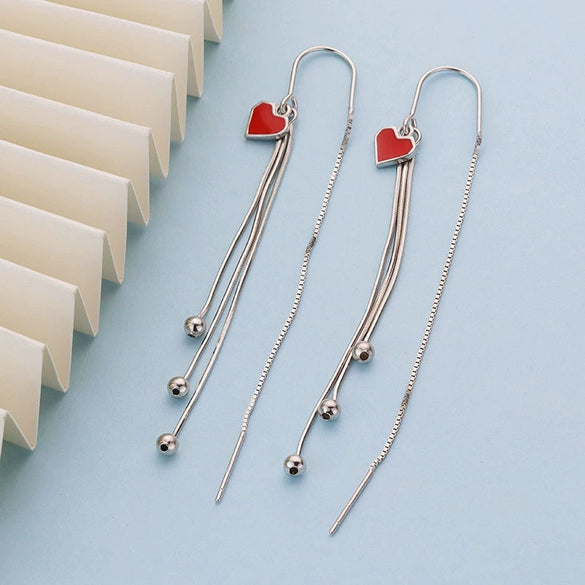 S925 Sterling Silver Heart Tassel Dangle Earrings Long Ear Thread Love Pattern Minimal Fresh Style For Women