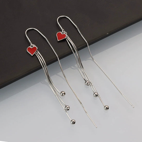 S925 Sterling Silver Heart Tassel Dangle Earrings Long Ear Thread Love Pattern Minimal Fresh Style For Women