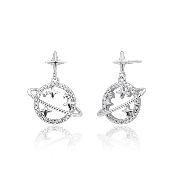 S925 Sterling Silver Hollow Planet Earrings With Inlaid Zircon And Star Design