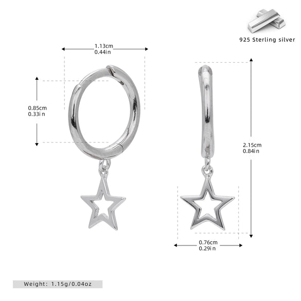 S925 Sterling Silver Hoop Earrings With Hollow Fivepointed Star Pendant For Women Simple Style