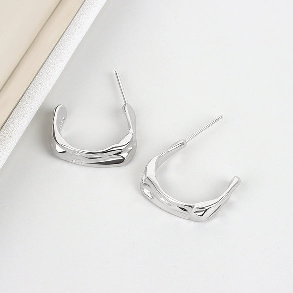 S925 Sterling Silver Irregular Geometric C Shaped Pleated Earrings With Electroplated Finish For Women
