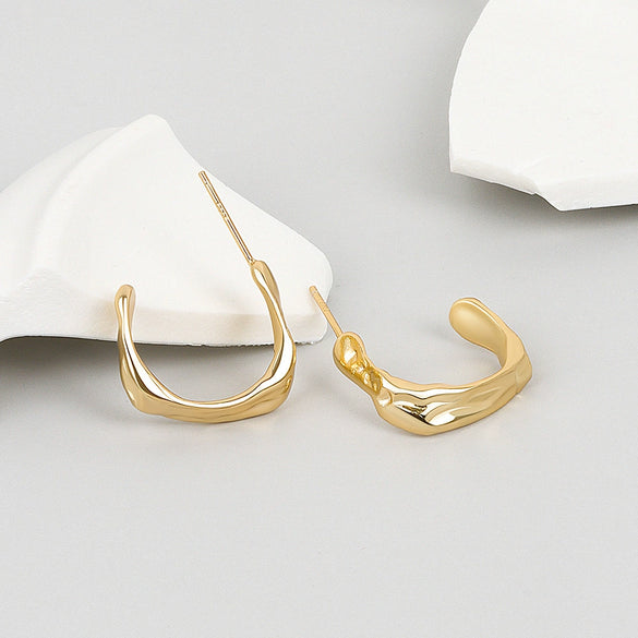 S925 Sterling Silver Irregular Geometric C Shaped Pleated Earrings With Electroplated Finish For Women