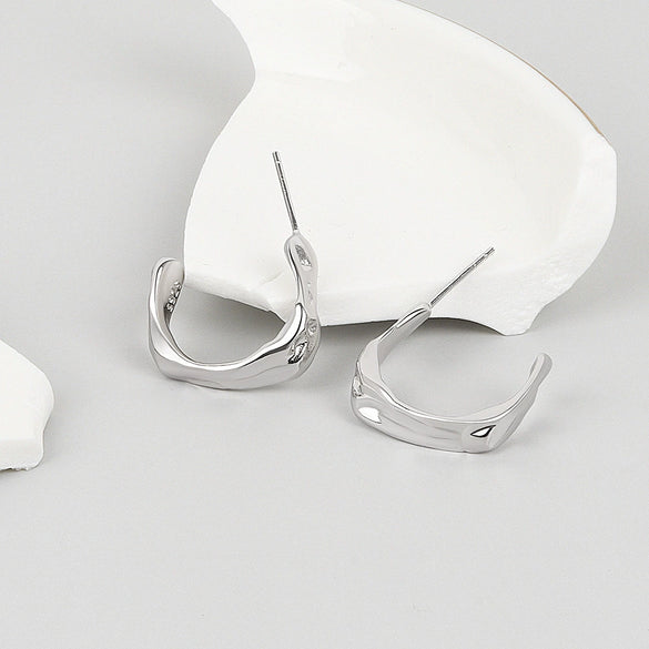 S925 Sterling Silver Irregular Geometric C Shaped Pleated Earrings With Electroplated Finish For Women
