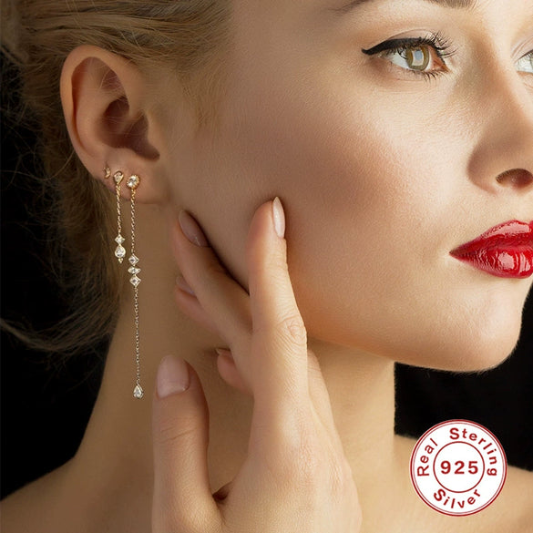 S925 Sterling Silver Irregular Tassel Chain Water Drops Horse Eyes With Diamond Geometric Earrings Electroplated