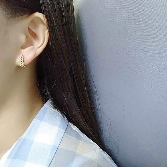 S925 Sterling Silver Light Luxury Geometric Wheat Ear Stud Earrings For Women With Full Diamond Look Small Fragrance Style