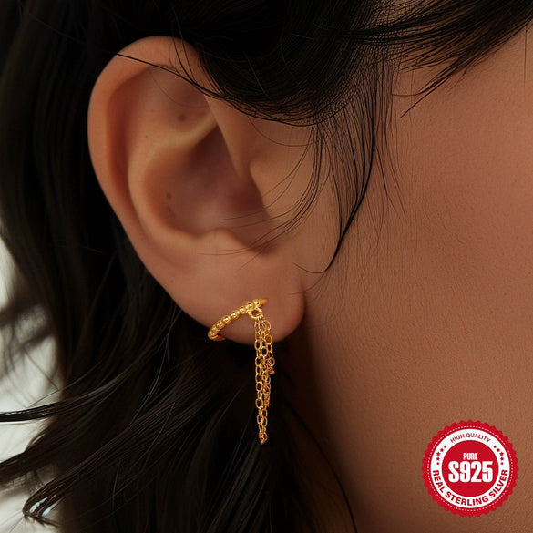 S925 Sterling Silver Long Tassel Chain Earrings For Women With Geometric Design And Electroplating