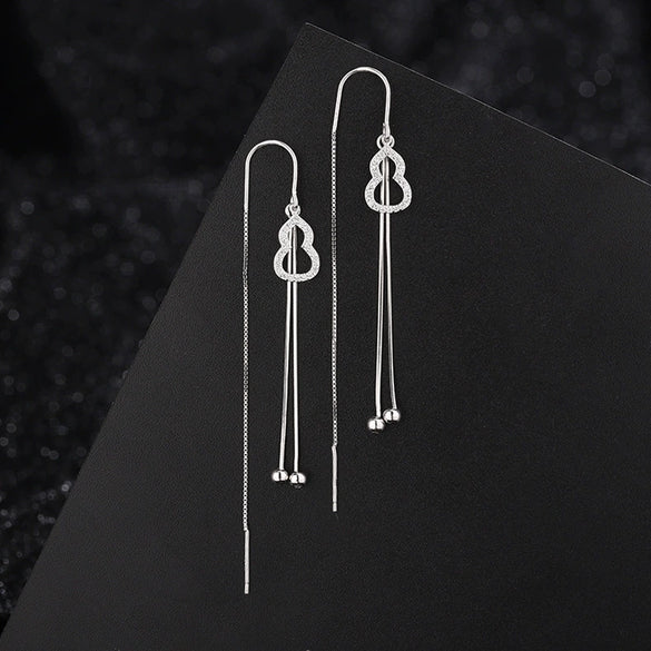 S925 Sterling Silver Long Tassel Drop Earrings With Round Bead And Gourd Hook Minimalist Geometric Retro Style Women's Earrings