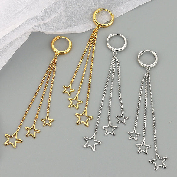 S925 Sterling Silver Long Tassel Earrings For Women With Gold Plated Star Geometric Design Elegant Sweet Drop Earrings