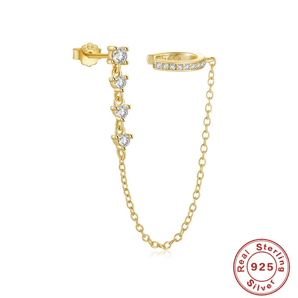 S925 Sterling Silver Long Tassel Elegant Wave Pattern Nonhole Ear Clip Single Diamond Earrings