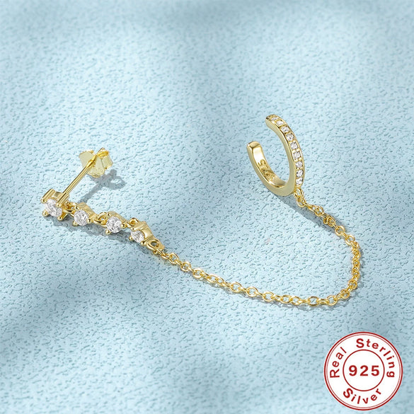 S925 Sterling Silver Long Tassel Elegant Wave Pattern Nonhole Ear Clip Single Diamond Earrings