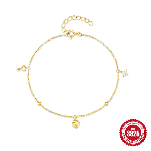 S925 Sterling Silver Love Key Pendant Geometry Pattern Electroplated All Match Women's Bracelet