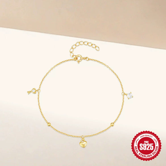 S925 Sterling Silver Love Key Pendant Geometry Pattern Electroplated All Match Women's Bracelet