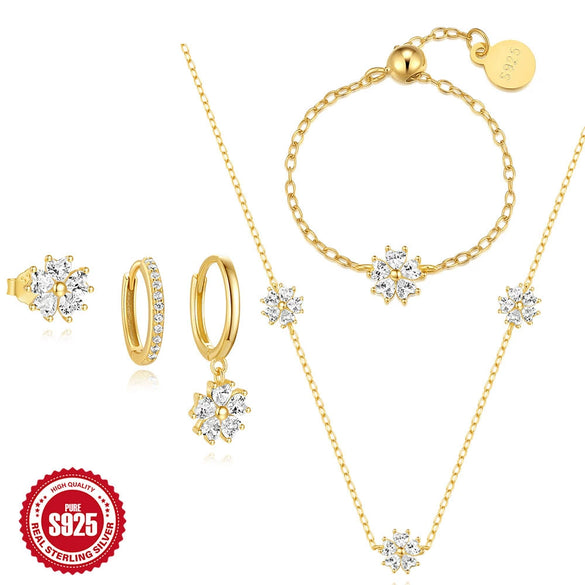 S925 Sterling Silver Love Petal Elegant Necklace Earrings Ring Set With Electroplating For Women