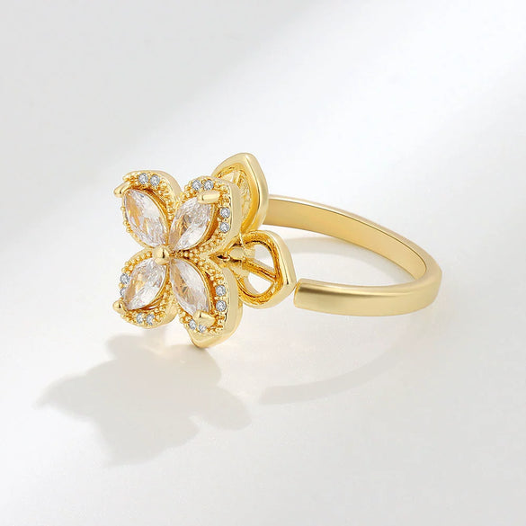 S925 Sterling Silver Lucky Clover Flower Ring With Double Layer Rotating Design And Gold Plated Finish For Women