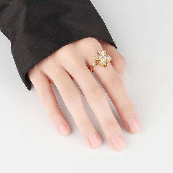S925 Sterling Silver Lucky Clover Flower Ring With Double Layer Rotating Design And Gold Plated Finish For Women