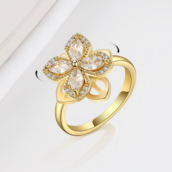 S925 Sterling Silver Lucky Clover Flower Ring With Double Layer Rotating Design And Gold Plated Finish For Women