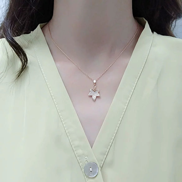 S925 Sterling Silver Maple Leaf Pendant Necklace With Cross Chain Electroplated Light Luxury Clavicle Chain For Women
