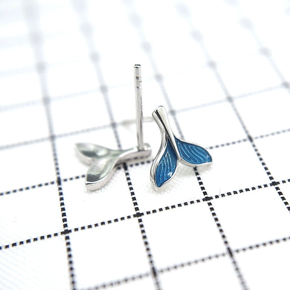S925 Sterling Silver Mermaid Tail Animal Earrings For Women Simple Electroplated Cute Blue Stud Earrings