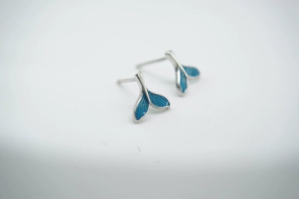 S925 Sterling Silver Mermaid Tail Animal Earrings For Women Simple Electroplated Cute Blue Stud Earrings